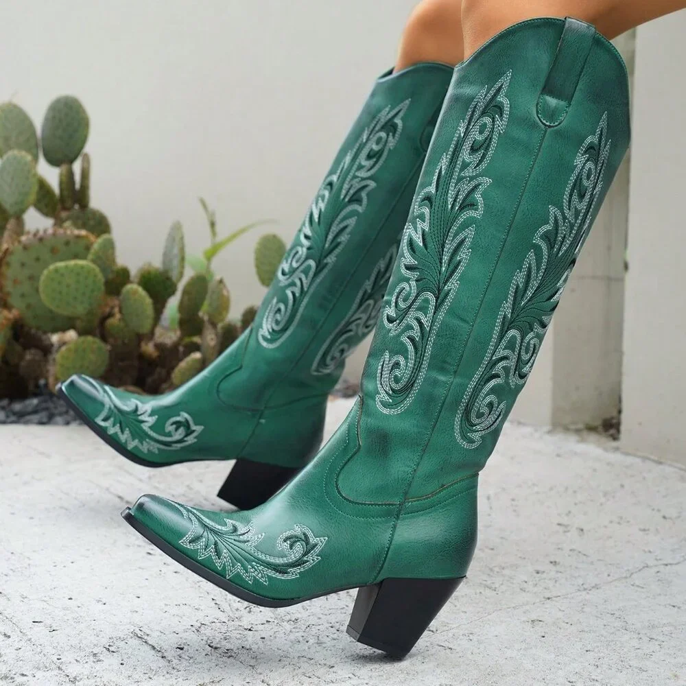 Dark Green Western Women's Embroidered Pull-On Knee High Boots - Picture 2 of 7